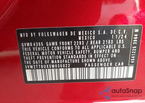 2025 Volkswagen Jetta Gli 2.0T Autobahn from USA, damaged, VIN 3VW2T7BUXSM035022